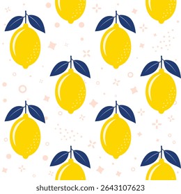 Fresh Lemons with Leaves Seamless Vector Pattern on Light Abstract Background