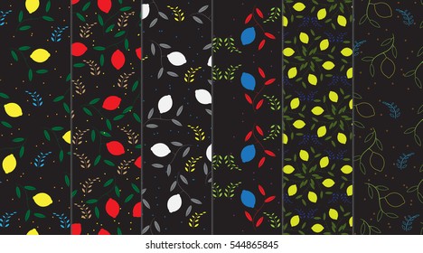 Fresh lemons with leaves. Set of backgrounds with fruit pattern. Vector illustration.