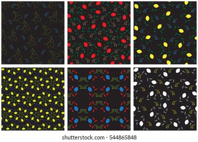 Fresh lemons with leaves. Set of backgrounds with fruit pattern. Vector illustration.