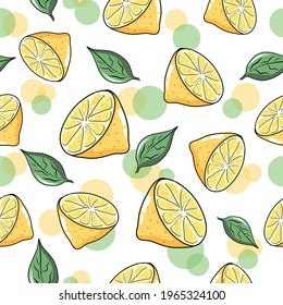 Limones y hojas frescas vectoriales sin fisuras. Fondo blanco. Impresiones textiles de tela papel tapiz Banner y plantilla de tarjeta. Patrón de medio limón. Patrón de infiltración de cítricos. Múltiples usos.