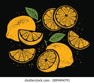 Fresh lemons, leaves. Vibrant juicy ripe citrus. Set of whole, cut in half, sliced on pieces fruits