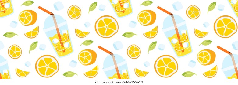 Fresh lemons lemonade seamless pattern. Bright summer background for restaurants, cafe menus. Take away summer drink. Berries, leaves, ice cubes. Food and drinks. Vector flat illustration.