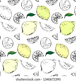 Fresh lemons, monochrome sketched, hand drawn vector seamless pattern. 