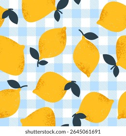 Fresh lemons on blue summer gingham background. Cute seamless pattern. Vector illustration