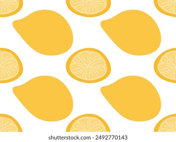 Limones frescos sobre fondo blanco. Patrón sin costuras de cítricos. Ilustración vectorial de frutas exóticas, Fondo de pantalla botánico, tela tropical, diseño textil, embalaje.
