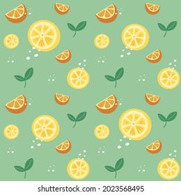 Fresh lemons and orange background. Hand drawn overlapping backdrop. Colorful wallpaper vector. Seamless pattern with citrus fruits collection. Decorative illustration, good for printing