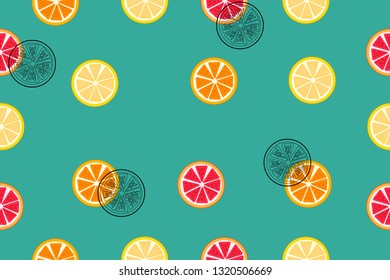 Fresh lemons, oranges, for cloth, label drawing, t-shirt printing, wallpaper, summer fruits. Bright light pattern. Sliced lemon scandinavian doodle style. Vector graphics
