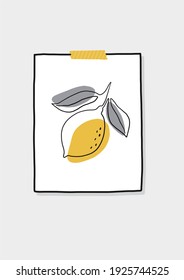 
Fresh lemons print. Hand drawn line lemon illustration. Minimalism lemon. Poster with  citrus fruits.