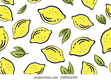 Fresh lemons print. Hand drawn line doodle lemon illustration. Minimalism lemon. Seamless pattern with citrus fruits.
