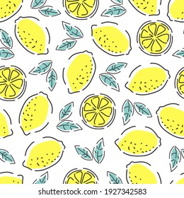 Fresh lemons seamless pattern. Contour style. Hand-drawn vector background.