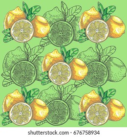 Fresh lemons set, bright background with citruses.Vector graphic illustration for design and decoration