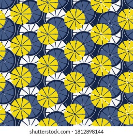 Fresh lemons silhouettes  print with stripes  Botanical seamless  Colourful wallpaper with citrus fruits collection. Ikat seamless pattern. Vector tie dye shibori print with stripes Ink textured