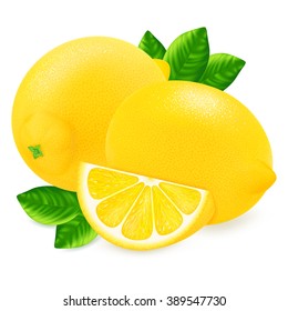 Fresh lemons and slices with leaf isolated on white background. Realistic vector illustration.