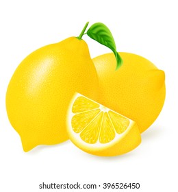 Fresh lemons and slices with leaf isolated on white background. Realistic vector illustration.