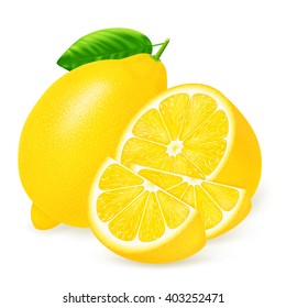 Fresh lemons and slices with leaf isolated on white background. Realistic vector illustration.