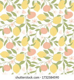 Fresh lemons, tangerines and leaves background. Hand drawn overlapping backdrop. Summer colorful wallpaper. Seamless pattern with hand drawn citrus fruits.Vector illustration.