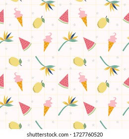 Fresh lemons, watermelon and cute icream seamless pattern vector. Hand drawn of colorful citrus fruit. Summer fruit concept.