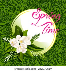 Fresh lettering spring background with white flowers and leaves