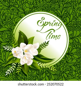 Fresh lettering spring background with white flowers and leaves