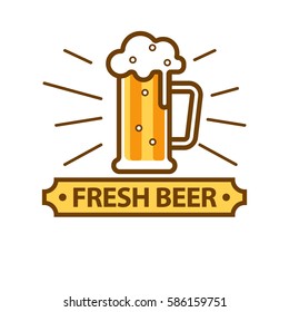 Fresh light beer glass with white foam logo sign on white. Vector illustration of glass mug with light alcohol beverage and running down white foam badge with inscription below in flat design