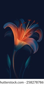 Fresh lily flower with petal illuminated with spot of orange neon light against dark blue background 