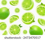 Fresh lime background. Flying green whole and slices of fresh lime. Blurry effect. Citrus fruit banner, poster. Mojito advertising. Isolated realistic vector illustration