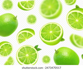 Fresh lime background. Flying green whole and slices of fresh lime. Blurry effect. Citrus fruit banner, poster. Mojito advertising. Isolated realistic vector illustration
