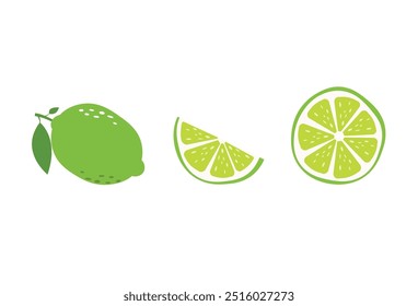 Coleção Fresh Lime. Ilustrações de citrinos inteiros e fatiados. Conjunto de vetores. EPS 10
