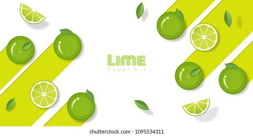Fresh lime fruit background in paper art style , vector , illustration