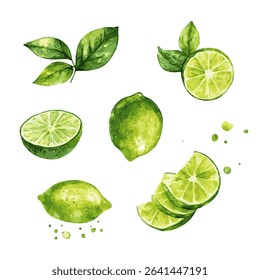Fresh lime fruit. Collection of lime vector icons isolated on white background. Vector illustration.