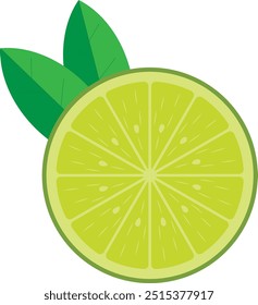 A fresh lime fruit cut in half with green leaves. The lime is depicted in a simple, flat style. Perfect for illustrations, designs, and presentations related to food, drinks, and health