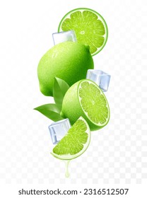 Fresh lime with ice cubes falling or flying. Composition of elements lime with leaves, half lime, sliced lime, 3D realistic vector illustration isolated on transparent background