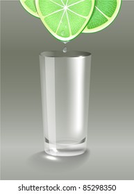 Fresh lime juice dripping into the clean glass. Vector illustration, transparent mesh