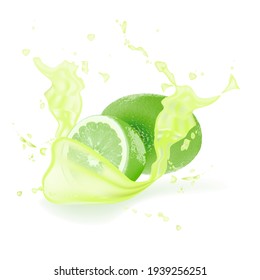 Fresh Lime In Juice Splash Isolated Fruit Vector Illustration