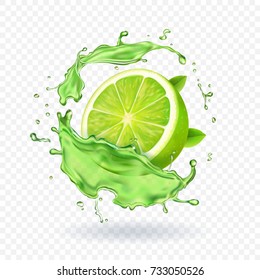 Fresh Lime In Juice Splash Isolated Fruit Vector Illustration