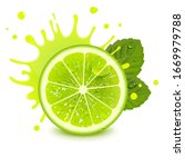fresh lime with mint leaves and a splash of juice on a white background