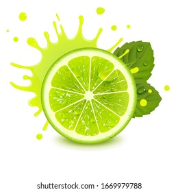 fresh lime with mint leaves and a splash of juice on a white background