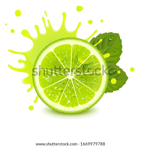 fresh lime with mint leaves and a splash of juice on a white background