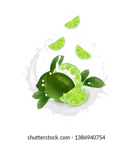 Fresh lime with realistic splash eps10 vector illustration. Falling slices in juice, milk, chocolate.