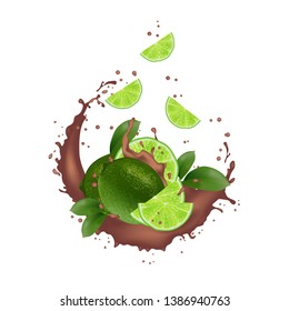 Fresh lime with realistic splash eps10 vector illustration. Falling slices in juice, milk, chocolate.
