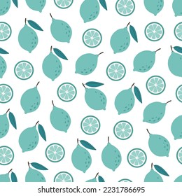 Fresh lime seamless pattern. Citrus fruit seamless pattern. Healthy food. Flat, hand drawn texture for wallpaper, textile, fabric, paper. Hand drawn vector illustration