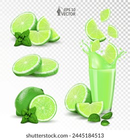 Fresh lime set, half, slices and whole. Vector realistic splash of natural juice in a glass. Mojito with mint leaves. 3D illustration of food isolated on white background