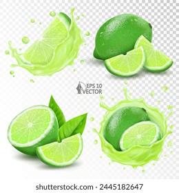 Fresh lime set, half and whole. Vector realistic juice splash. 3D food illustration isolated on white background for packaging and advertising design
