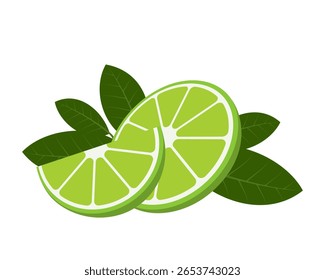 Fatias de limão fresco em folhas verdes, composição cítrica vibrante perfeita para temas de saúde tropical, frescura e ingredientes naturais.