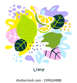 Fresh lime tropical exotic citrus fruits juice splash organic food juicy splatter limes on abstract background vector hand drawn illustrations