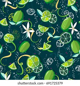 Fresh limes background. Colorful seamless lemonade pattern with fresh fruits,ice, soda water, lime slices, lime peel,  bubbles of gas. Decorative illustration, good for printing 