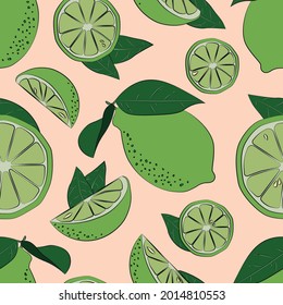 Fresh limes background. Hand drawn overlapping backdrop. Colorful wallpaper vector. Seamless pattern with fresh fruits collection. Decorative illustration, good for printing