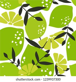 Fresh limes, leaves background. Hand drawn overlapping backdrop. Colorful wallpaper vector. Seamless pattern with citrus fruits collection. Decorative illustration, good for printing