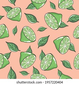 Fresh limes and leaves vector seamless pattern. Pink background. Fabric textile prints Wallpaper Banner and Card Template. Half limes  pattern. Citrus Fruit Seamless Pattern. Multiple uses. 