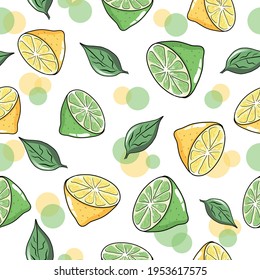 Los limes y limones frescos dejan un patrón sin fisuras vectorial. Fondo blanco. Para impresiones textiles de tela Papel de escritorio Banner o plantilla de tarjeta. Patrón de semicírculos y limones. Patrón de infiltración de cítricos.